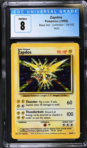 1999 Pokemon Base Set Unlimited #16 Zapdos- Holo CGC 8
