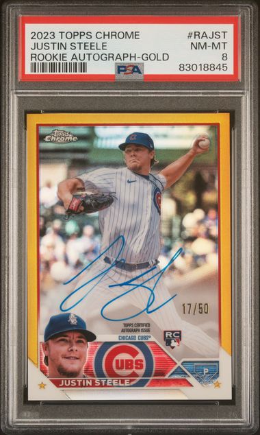 2023 Topps Chrome Rookie Autograph Gold Refractor #RAJST Justin Steele #17/50 PSA 8 (Rookie)