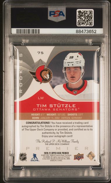 2020-21 Upper Deck Premier Autographs Silver Spectrum #75 Tim Stutzle PSA 8 (Rookie)