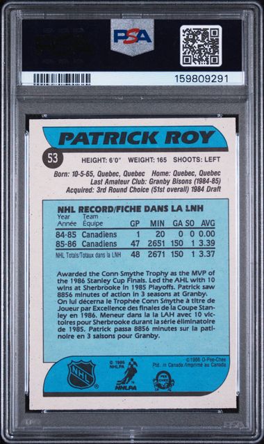 1986-87 O-Pee-Chee #53 Patrick Roy PSA 7 (Rookie)
