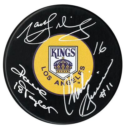 Marcel Dionne, Dave Taylor, Charlie Simmer Autographed Triple Crown Line Los Angeles Kings Puck (COJO Sports)