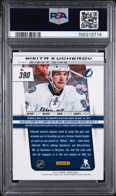2013-14 Panini Rookie Anthology Prizm Rookie Update Spring Expo Cracked Ice #390 Nikita Kucherov PSA 10 (Rookie)