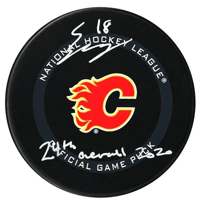 Connor Zary Autographed Calgary Flames Draft Inscribed Official Puck (COJO Sports)