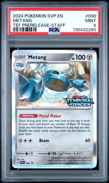 2024 Pokemon Temporal Forces Staff Prerelease Promo #090 Metang - Holo PSA 9
