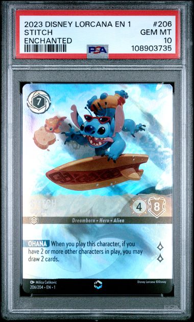 2023 Disney Lorcana The First Chapter #206 Stitch - Carefree Surfer (Enchanted) PSA 10