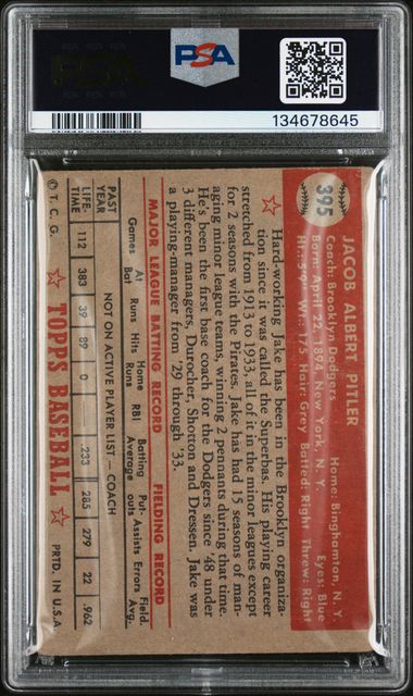1952 Topps #395 Jake Pitler PSA 2