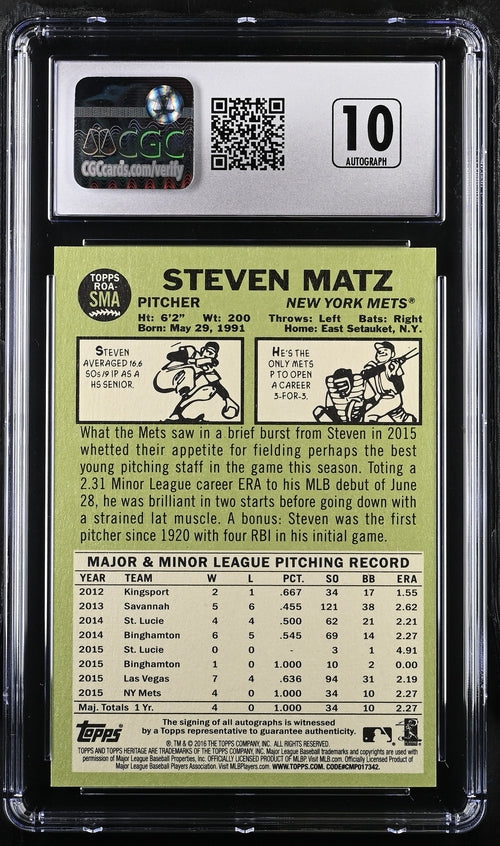 2016 Topps Heritage Real One Autographs #ROA-SMA Steven Matz CGC 10 (Auto 10) (Rookie)
