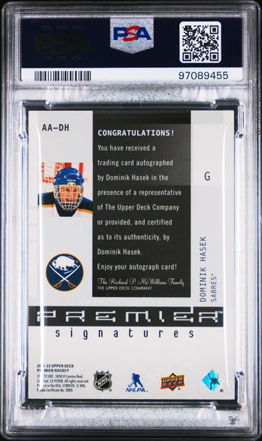 2021-22 UD Premier 20th Anniversary Autograph #AADH Dominik Hasek #06/35 PSA 8