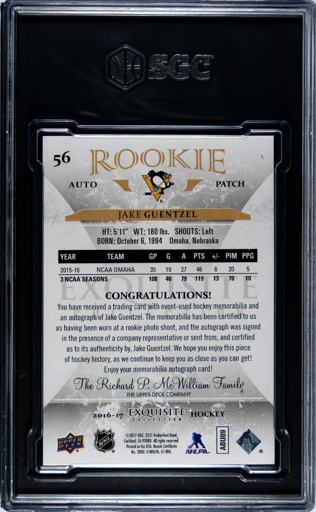 2016-17 Exquisite Rookie Auto Patch #56 Jake Guentzel #41/59 SGC 9 (Auto 10) (Rookie)