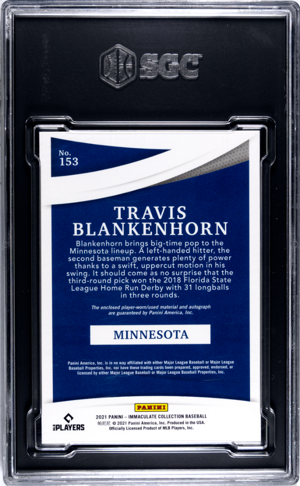 2021 Panini Immaculate Collection Rookie Patch Autograph Red #153 Travis Blankenhorn #37/49 SGC 9 (Auto 10) (Rookie)