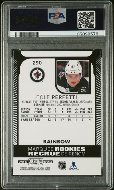 2021-22 O-Pee-Chee Platinum Rainbow #290 Cole Perfetti PSA 8 (Rookie)