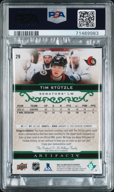 2021-22 Upper Deck Artifacts Emerald Material #29 Tim Stutzle #02/65 PSA 8