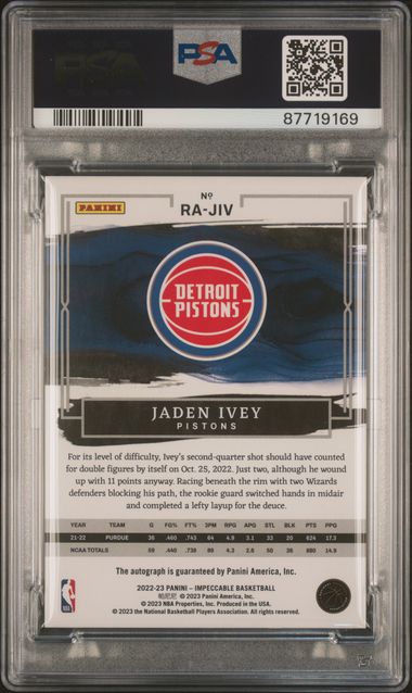 2022-23 Panini Impeccable Rookie Autographs Asia #RAJIV Jaden Ivey #36/88 PSA 10 (Rookie) | Eastridge Sports Cards