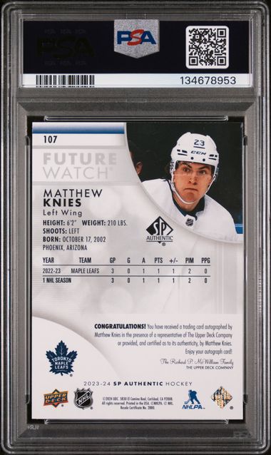 2023-24 SP Authentic #107 Matthew Knies #102/999 PSA 10 (Rookie)