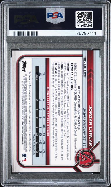 2022 Bowman Chrome Prospects Green Shimmer Auto #CPAJLR Jordan Lawlar #83/99 PSA 10