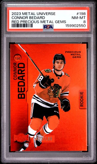 2023-24 Skybox Metal Universe Red Precious Metal Gems #198 Connor Bedard #028/100 PSA 8 (Rookie)