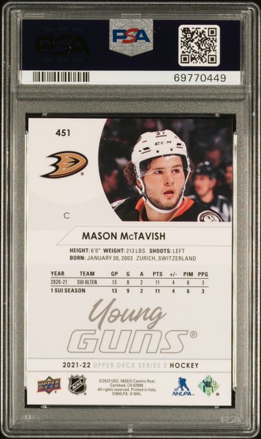 2021-22 Upper Deck #451 Mason Mctavish PSA 10 (Rookie)