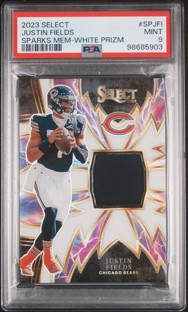 2023 Panini Select Sparks Memorabilia White Prizm #SPJFI Justin Fields #49/75 PSA 9