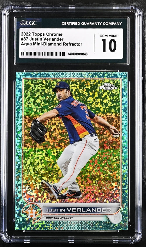 2022 Topps Chrome Aqua Mini-Diamond Refractor #87 Justin Verlander #096/199 CGC 10