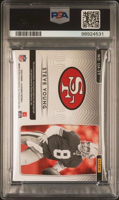 2022 Panini Illusions Immortalized Jersey Auto Red #IJASY Steve Young #01/10 PSA 8