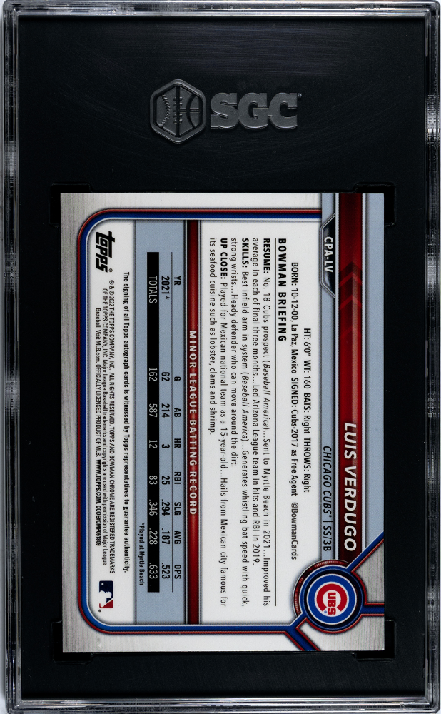 2022 Bowman Chrome Prospects Auto Gold Shimmer Refractor #CPA-LV Luis Verdugo #15/50 SGC 9 (Auto 10)