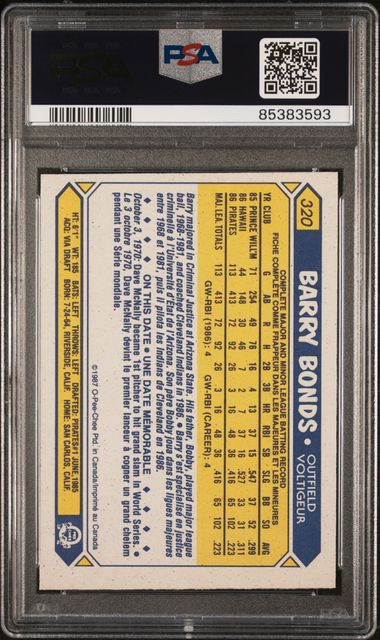 1987 O-Pee-Chee #320 Barry Bonds PSA 7 (Rookie)