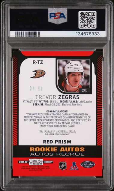 2021-22 O-Pee-Chee Platinum Red Prism Autograph #RTZ Trevor Zegras #34/60 PSA 9 (Rookie)