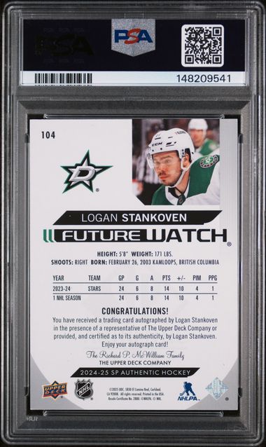 2024-25 SP Authentic Horizontal Autograph #104 Logan Stankoven #089/199 PSA 9 (Rookie)