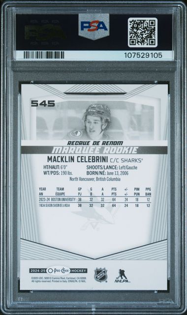 2024-25 O-Pee-Chee Signed Card #545 Macklin Celebrini PSA 10 (Auto Authentic) (Rookie)