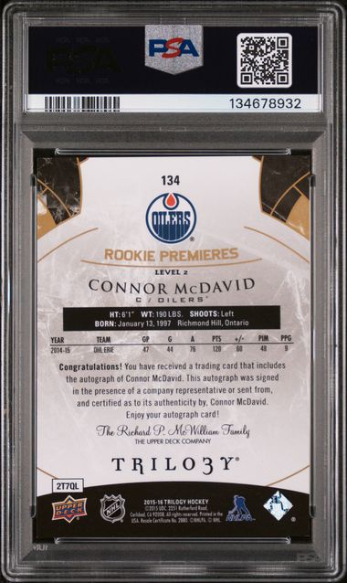 2015-16 Upper Deck Trilogy Autograph #134 Connor McDavid #224/499 PSA 9 (Rookie)