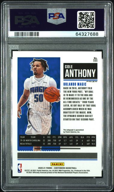2020-21 Panini Contenders Premium Edition Autograph Green Shimmer #111 Cole Anthony PSA 10 (Rookie)