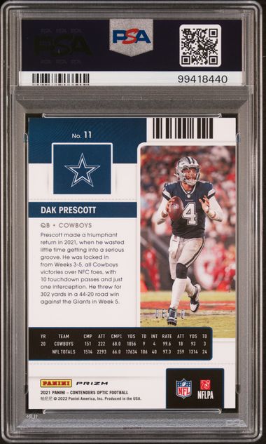 2021 Contenders Optic Gold #11 Dak Prescott #08/10 PSA 10