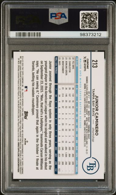 2024 Topps Chrome Magenta Speckle Refractor #213 Junior Caminero #289/350 PSA 9 (Rookie)