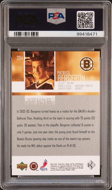 2003-04 Upper Deck #204 Patrice Bergeron PSA 9 (Rookie)