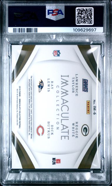 2019 Panini Immaculate Collection Monuments Relics Prime #IM6 Lawrence Taylor/Reggie White/Ray Lewis/Dick Butkus #07/10 PSA 9
