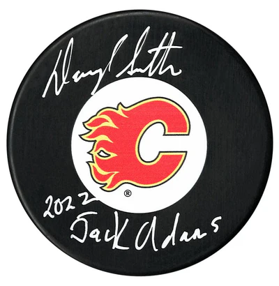 Darryl Sutter Autographed Calgary Flames Jack Adams Inscribed Puck (COJO Sports)