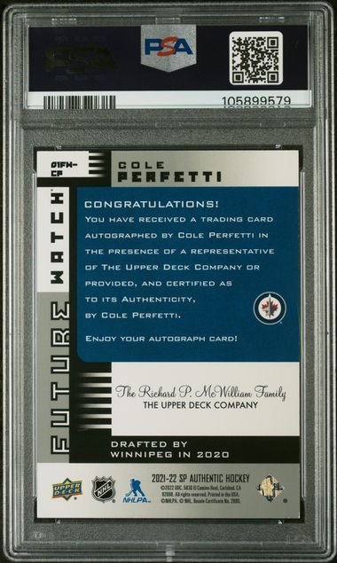 2021-22 SP Authentic '01-'02 Retro Future Watch Auto #01FWCP Cole Perfetti #58/90 PSA 9 (Rookie)