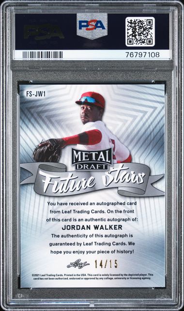 2021 Leaf Metal Future Stars Black Rainbow Autograph #JW1 Jordan Walker #14/15 PSA 9
