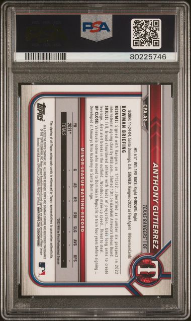 2022 Bowman Chrome Prospect Autograph #CPAAG Anthony Gutierrez PSA 10