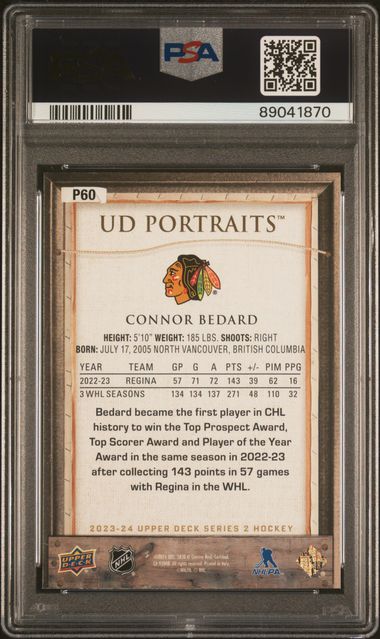 2023-24 Upper Deck UD Portraits #P60 Connor Bedard PSA 10 (Rookie) | Eastridge Sports Cards