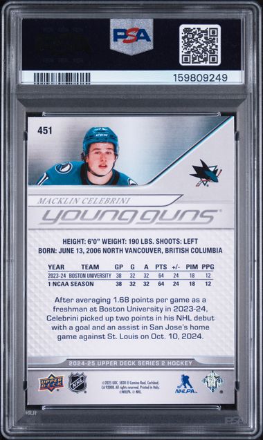 2024-25 Upper Deck #451 Macklin Celebrini PSA 9 (Rookie)