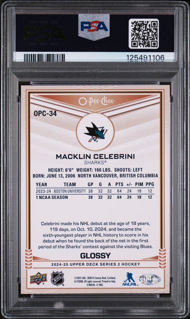2024-25 O-Pee-Chee Glossy #OPC34 Macklin Celebrini PSA 10 (Rookie)