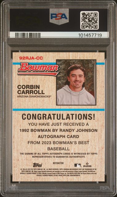 2023 Bowman's Best '92 Bowman by Randy Johnson Autographs #92RJACC Corbin Carroll #001/250 PSA 9 (Rookie) | Eastridge Sports Cards