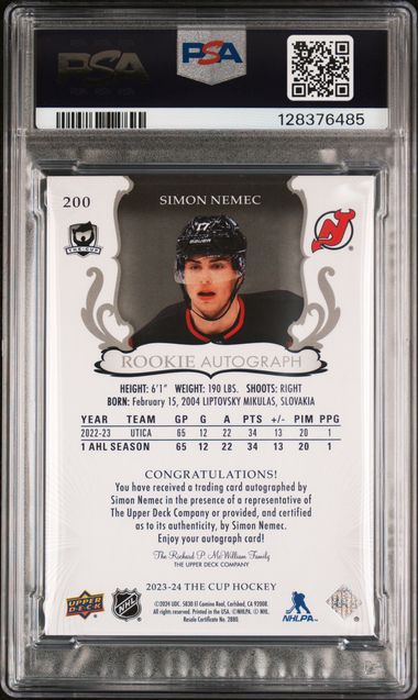 2023-24 Upper Deck The Cup Gold Spectrum Foil Auto #200 Simon Nemec #04/24 PSA 8 (Auto 10) (Rookie)