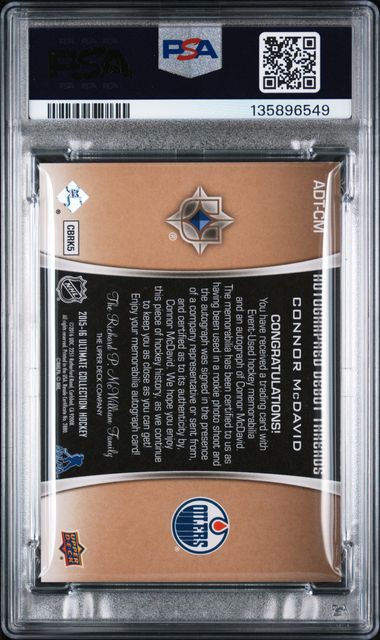 2015-16 Upper Deck Ultimate Collection Autographed Debut Threads #ADTCM Connor McDavid #95/99 PSA 8 (Rookie)