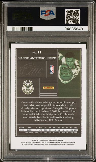 2019-20 Panini One and One #11 Giannis Antetokounmpo #51/99 PSA 9