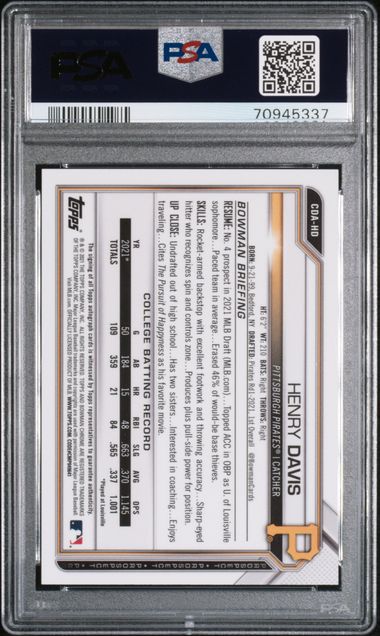 2021 Bowman Draft Chrome Prospect Autograph #CDAHD Henry Davis PSA 9 (Auto Authentic)