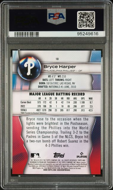 2023 Bowman Platinum Pink #10 Bryce Harper #014/199 PSA 10