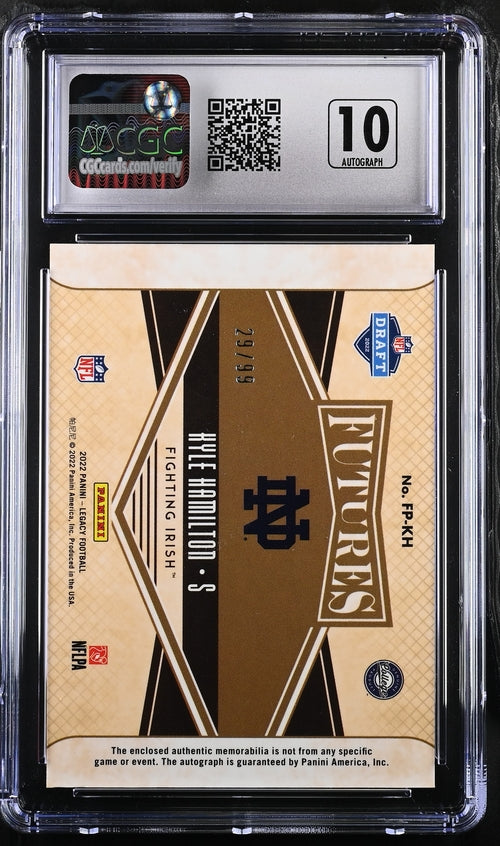 2022 Panini Legacy Futures Patch Autographs Ruby #FP-KH Kyle Hamilton #29/99 CGC 8.5 (Auto 10) (Rookie)