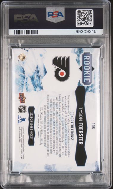 2023-24 Upper Deck Ice Auograph Patch #108 Tyson Foerster #33/49 PSA 8 (Rookie)